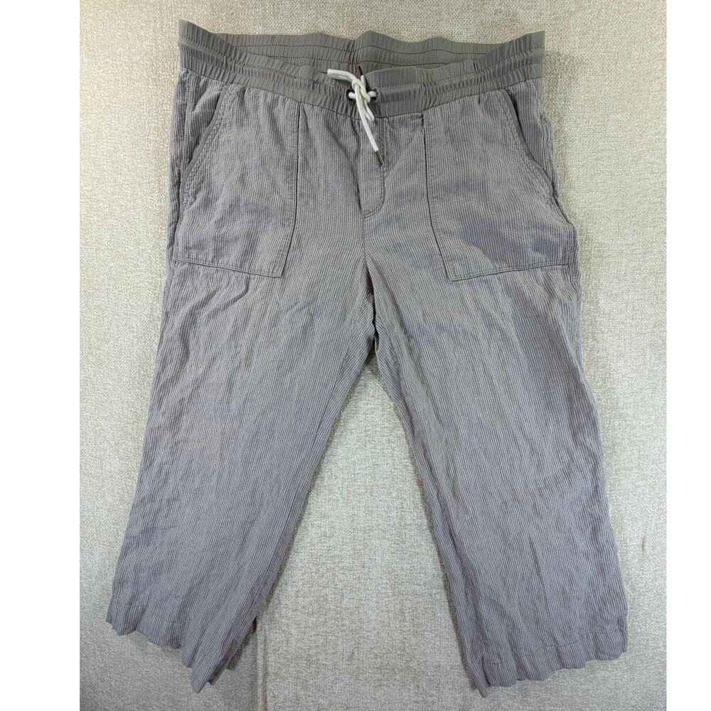 Athleta Women's 16 Tall Tan Bali Stripe 100% Linen Wide Leg Trouser Pants Travel